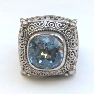 Sarda Sterling Silver 925 Blue Topaz Filigree Bali Scroll Cocktail Ring Size 7